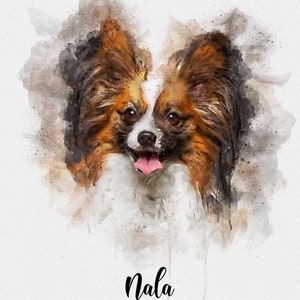 May include: Watercolor painting of a brown and white papillon dog with its tongue sticking out. The dog's name, "Nala", is written in black cursive below the dog.