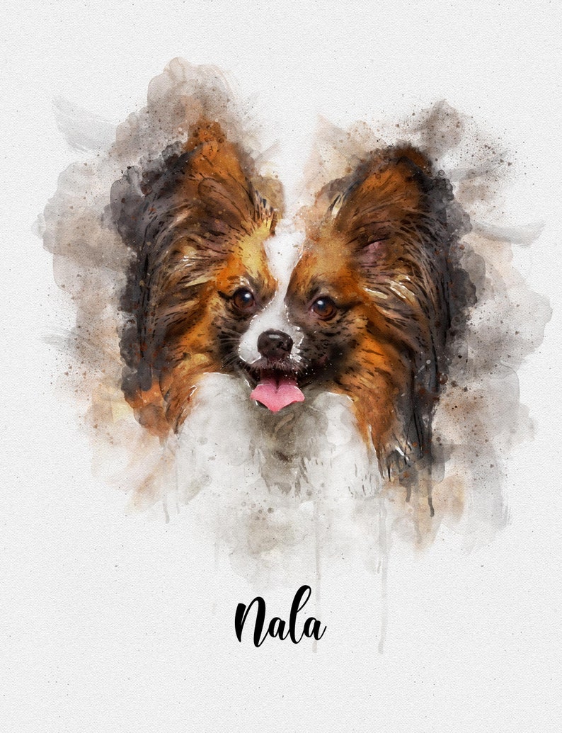 May include: Watercolor painting of a brown and white papillon dog with its tongue sticking out. The dog's name, "Nala", is written in black cursive below the dog.