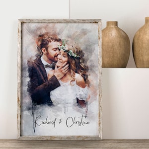 Watercolor Couple Portrait from Photo, Custom Wedding Anniversary Gift for Wife Husband Parents, Engagement Gift for Friend, Unique Wall Art image 3