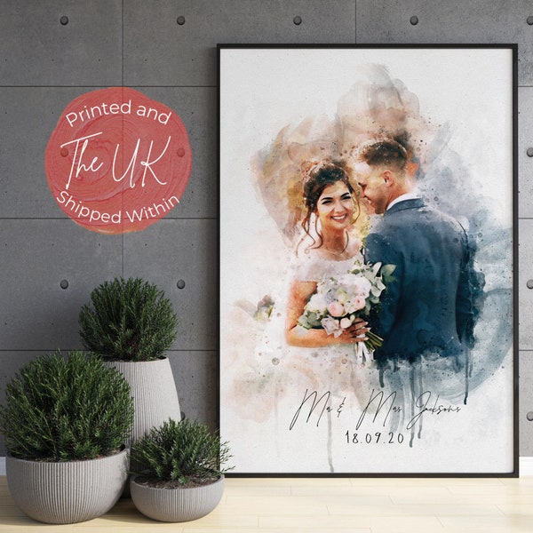 Personalised Couple Painting from Photo, Family Illustration, Wedding Couple Portrait, Anniversary Gift for Wife Husband Partner, Wall Art