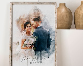 Watercolor Couple Portrait from Photo, Custom Wedding Anniversary Gift for Wife Husband Parents, Engagement Gift for Friend, Unique Wall Art