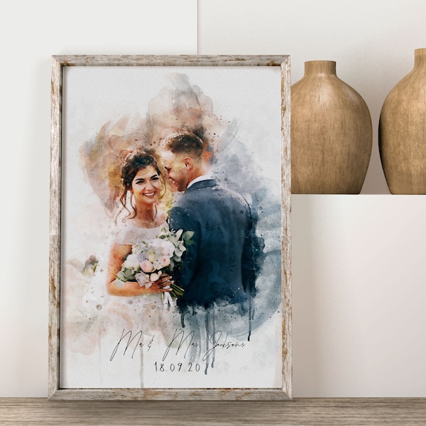 Portrait de couple aquarelle à partir d'une photo, cadeau d'anniversaire de mariage personnalisé pour femme mari et parents, cadeau de fiançailles pour un ami, art mural unique