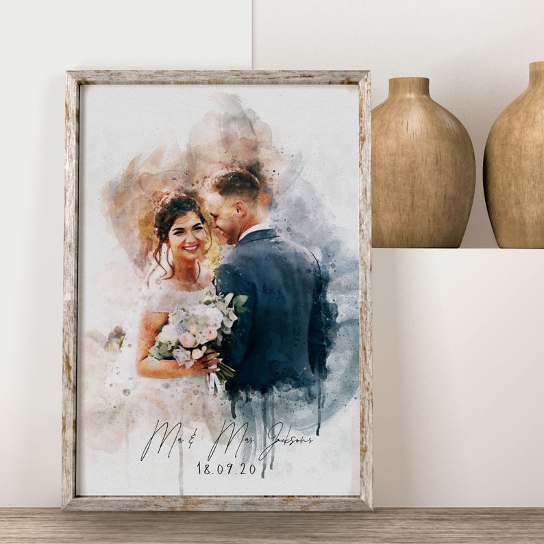 Watercolor Couple Portrait from Photo, Custom Wedding Anniversary Gift for Wife Husband Parents, Engagement Gift for Friend, Unique Wall Art image 1