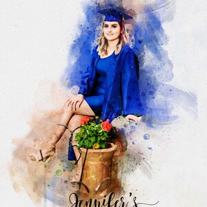 Pode incluir: Uma ilustra&ccedil;&atilde;o em aquarela de uma mulher vestindo uma beca e um chap&eacute;u de formatura azuis. O texto "Bem-vindo &agrave; festa de formatura de Jennifer" est&aacute; escrito abaixo da imagem.