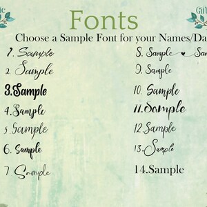 May include: A list of 14 different font styles for names and dates. The text "Choose a Sample Font for your Names/Dates" is at the top of the image. The font styles are numbered 1 through 14.