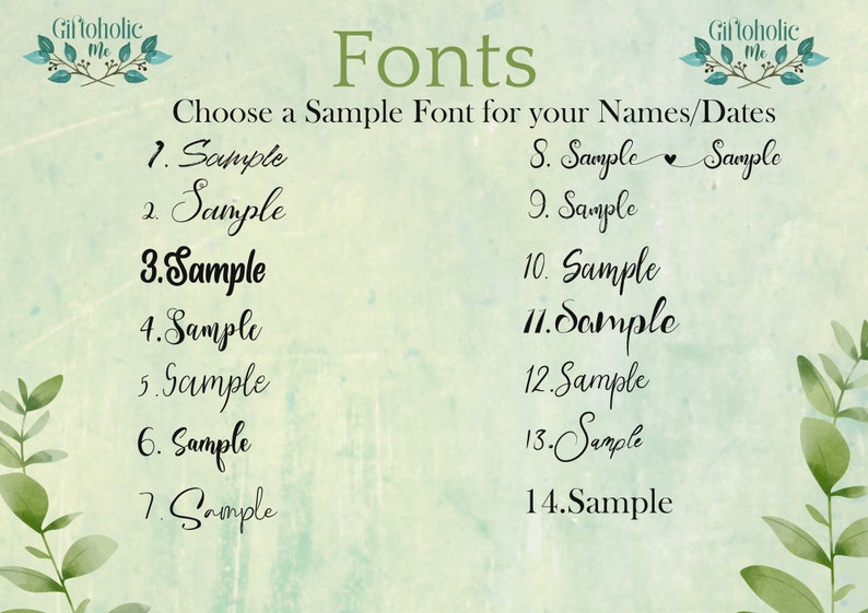 May include: A list of 14 different font styles for names and dates. The text "Choose a Sample Font for your Names/Dates" is at the top of the image. The font styles are numbered 1 through 14.
