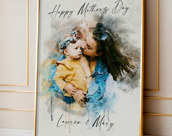 Mothers Day Watercolor Portrait Print, Mom Gifts, Family Painting from Photo, Gift For Mother Grandmother Her, Mother and Daughter Portrait