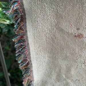 May include: A white woven throw blanket with a colorful fringe border. The blanket is made of a soft, textured material and has a subtle pattern.