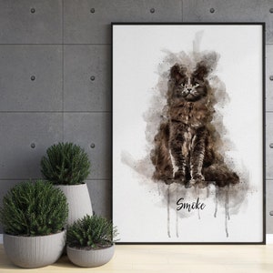 May include: A watercolor painting of a brown tabby cat with green eyes. The cat is sitting with its paws tucked under its body. The background is a soft, watercolor wash of blue and gray. The cat's name, "Smoke", is written in black script below the cat.