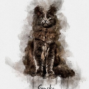 May include: A watercolor painting of a brown tabby cat with white markings sitting in a watercolor cloud. The cat has green eyes and is looking directly at the viewer. The text "Smoke" is written below the cat.