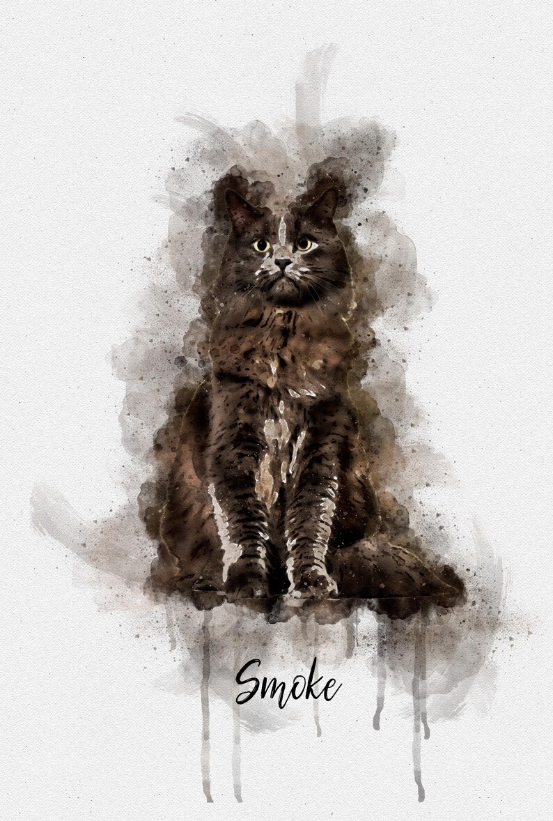 May include: A watercolor painting of a brown tabby cat with white markings sitting in a watercolor cloud. The cat has green eyes and is looking directly at the viewer. The text "Smoke" is written below the cat.