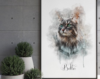 May include: Watercolor painting of a cat with green eyes. The cat is looking to the left. The background is a light blue watercolor wash. The cat's name, "Bella", is written in cursive at the bottom of the painting.