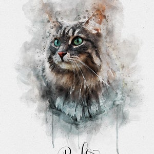 May include: Watercolor painting of a cat with green eyes and brown and gray fur. The cat's name is Bella.