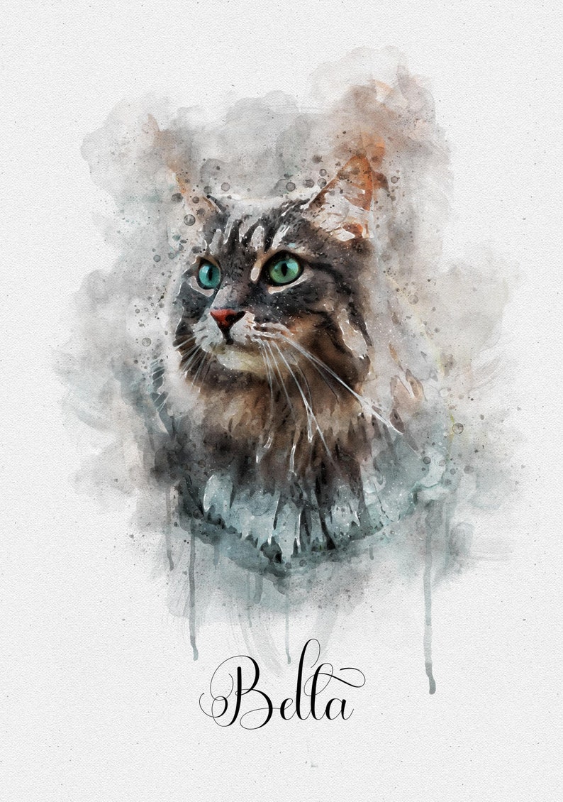 May include: Watercolor painting of a cat with green eyes and brown and gray fur. The cat's name is Bella.