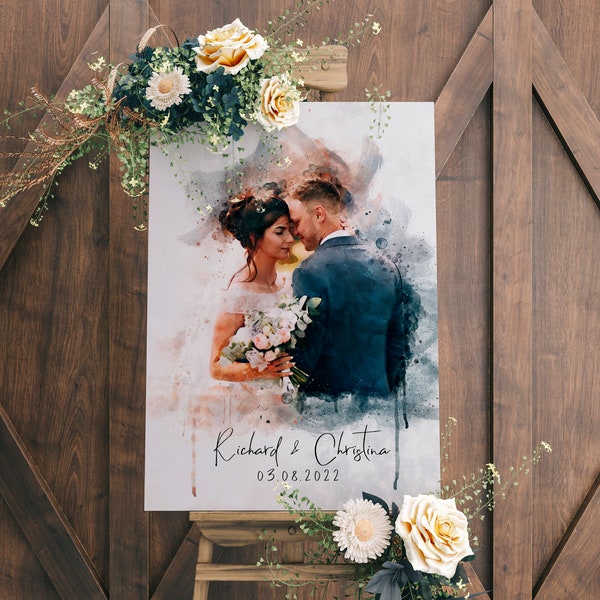 Wedding Guest Book Alternative, Sign on Canvas, Wedding Welcome Sign Watercolour Wedding Decor from Couple Portrait Bride and Groom Portrait