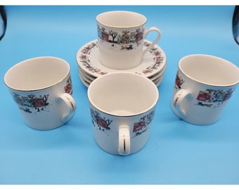 Set van 4 Lynns Fine Bone China koffie theekop en schotel wintertafereel gouden rand