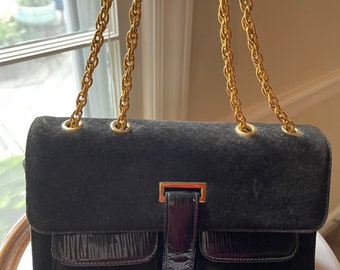 Vintage MCM Black Suede and Patent Handbag with Gold Chain