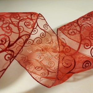 5 yds Wired Ribbon, Sheer Red, Red Glitter Accents