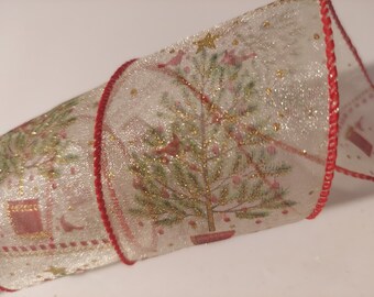5 yds Wired Ribbon, 2.5 inches wide, Glitter Christmas Tree pattern, with a red edge