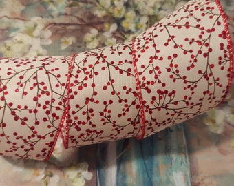 5 yds Wired Ribbon, Red Glitter Berries with Brown branches on a white background, with a red edge