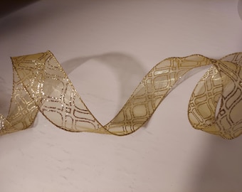 5 yds Wired Ribbon, Gold Glitter on a sheer Gold background