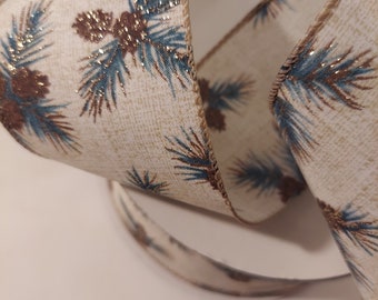 5 yds Wired Ribbon, Green Pine branches and pine cones, with glitter accents.