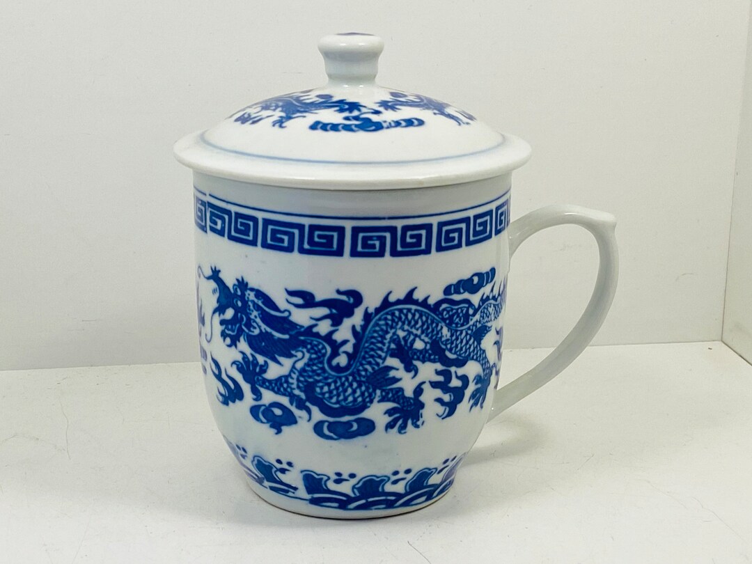 Chinese Teacup With Lid White & Blue Dragon Tea Mug Etsy