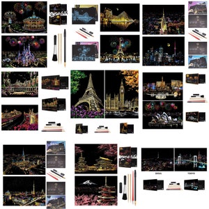 Scratch Painting Kits for Adults Rainbow Painting Art Paper, World Famous City DIY Night View Scratchboard for Adults and Kids with Tools