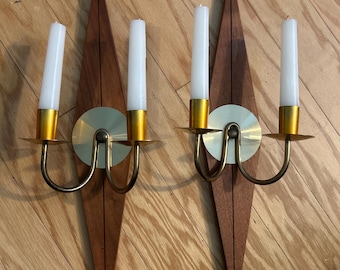 Two Vintage Mid-Century Teak and Brass Candle  Diamond Wall Sconces