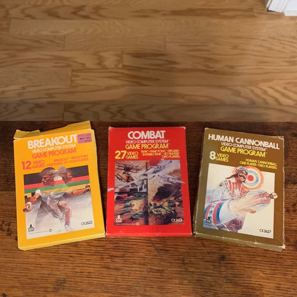 3 Vintage Atari 2600 Video Games - Breakout, Combat, and Human Cannonball