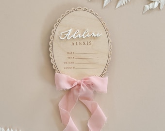 Personalized Birth Stat Name Sign with Ribbon Bow, Newborn Hospital Photo Prop, Baby Announcement and Nursery Decor, Baby Shower Gift