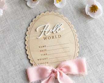 Personalized Birth Stat Name Sign with Ribbon Bow, Newborn Hospital Photo Prop, Hello World Baby Announcement, Baby Shower Gift