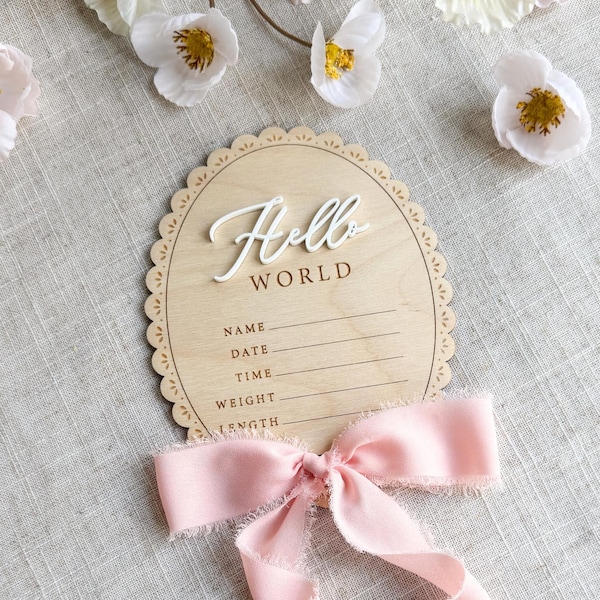 Personalized Birth Stat Name Sign with Ribbon Bow, Newborn Hospital Photo Prop, Hello World Baby Announcement, Baby Shower Gift