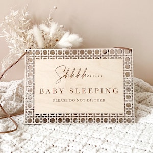 Baby sleeping door sign, do not disturb, door hanger, rattan, boho, minimal