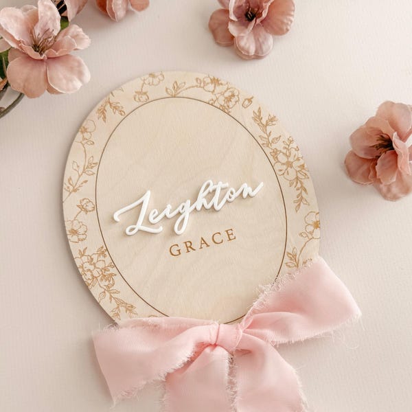 Personalized Baby Name, Baby Shower Gift, Baby Girl Boy Nursery Decor, Newborn Hospital Announcement Sign Photo Prop, Wildflower, Lace Bow
