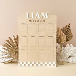 First Year Birthday Board | Monthly Milestone Photo Board | One Year Of | My First Year | Boho Boy Checkered