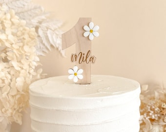 Daisy First Birthday Cake Topper, Personalized with Engraved Name, Boho Smash Cake Decor