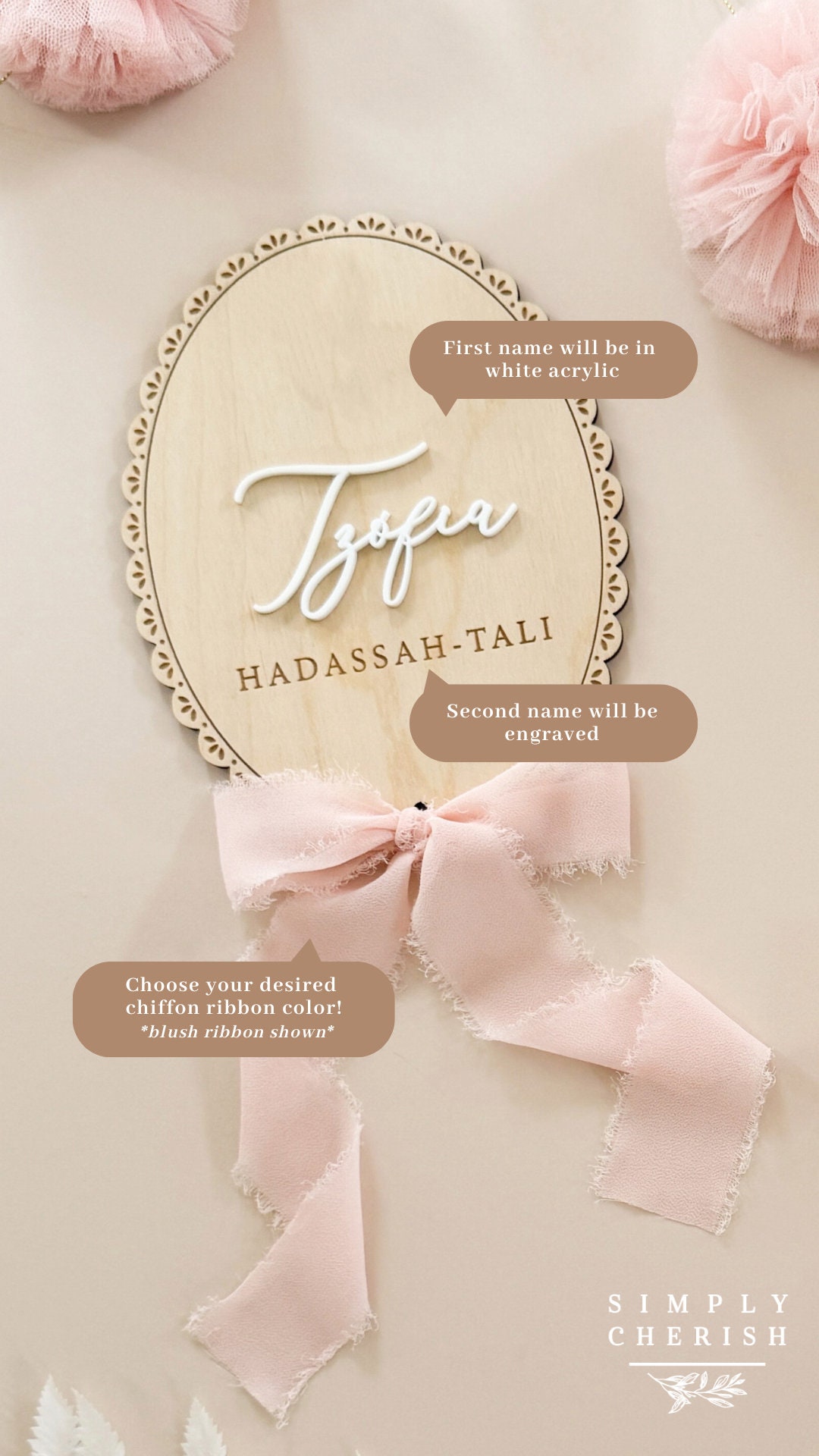 Ribbon Bow Name Sign | Personalized Hospital Birth Announcement | Baby Gift | Baby Photo Prop | Vintage Lace Trim Coquette