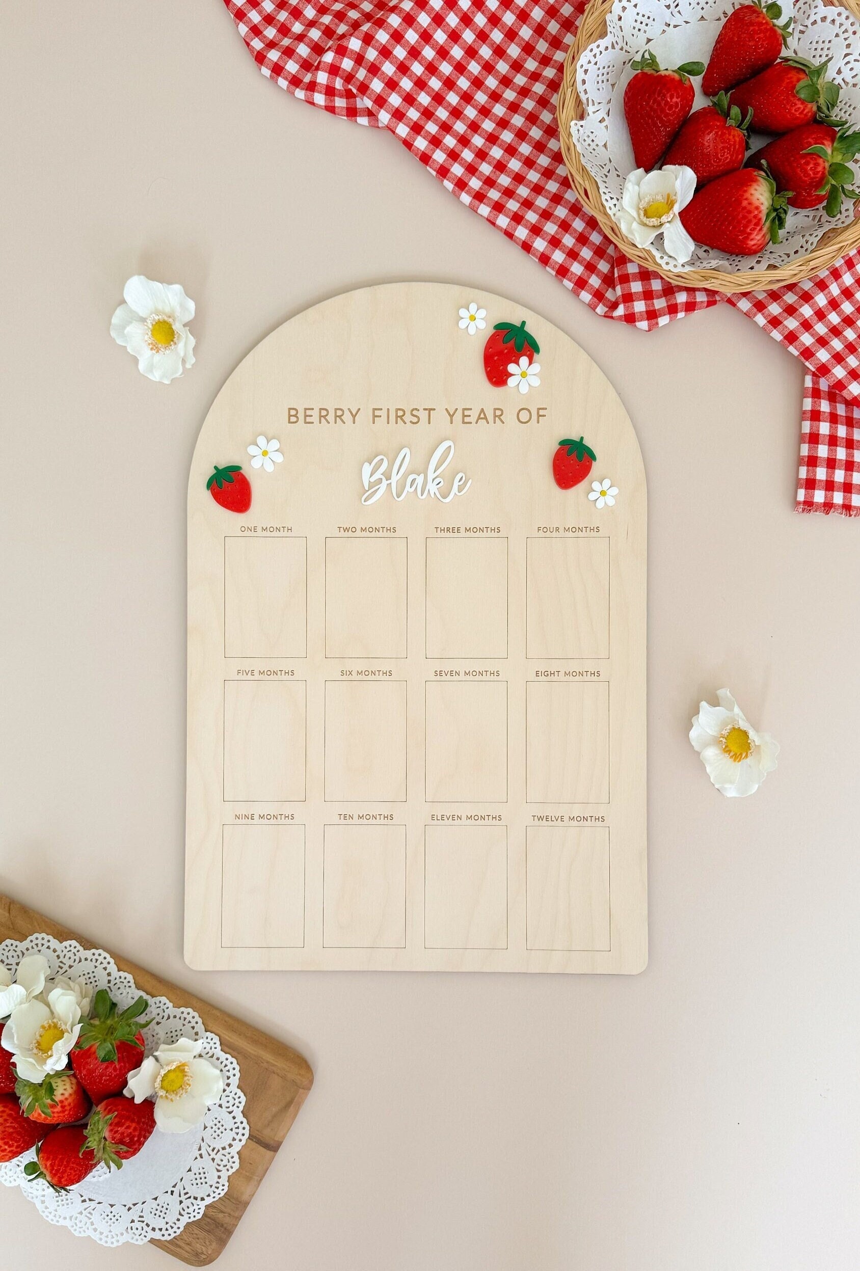 R HORSE Strawberry 1st Birthday Photo Board - Pink 3D Wood Milestone Display For Baby's First Year, 15.4x10.2 Inches