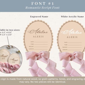 Puede incluir: Carteles ovalados de madera para nacimiento con bordes festoneados y cintas rosas. Las opciones incluyen texto grabado o letras de acr&iacute;lico blanco que dicen Adaline Alexis con l&iacute;neas para fecha, hora, peso y longitud. Medidas 13,97 x 17,15 cm o 11,43 x 14,61 cm.