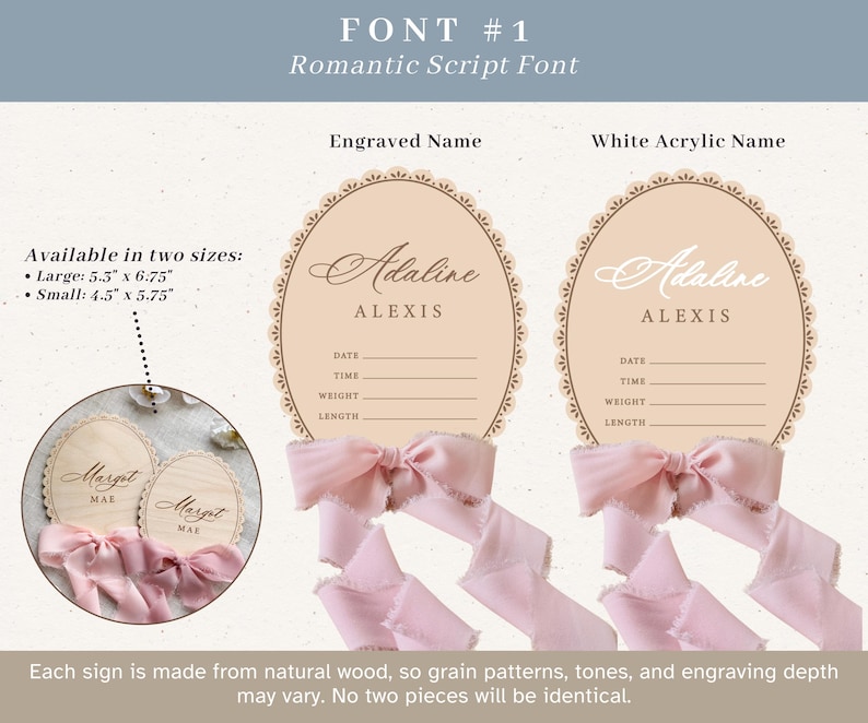 Puede incluir: Carteles ovalados de madera para nacimiento con bordes festoneados y cintas rosas. Las opciones incluyen texto grabado o letras de acr&iacute;lico blanco que dicen Adaline Alexis con l&iacute;neas para fecha, hora, peso y longitud. Medidas 13,97 x 17,15 cm o 11,43 x 14,61 cm.