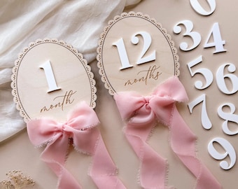 Baby Monthly Milestone Sign with Ribbon Bow, Two Wood Signs for Month and Months with Acrylic Numbers, Nursery Photo Prop, Baby Shower Gift