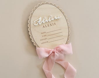 Personalized Birth Stat Name Sign with Ribbon Bow, Newborn Hospital Photo Prop, Baby Announcement and Nursery Decor, Baby Shower Gift