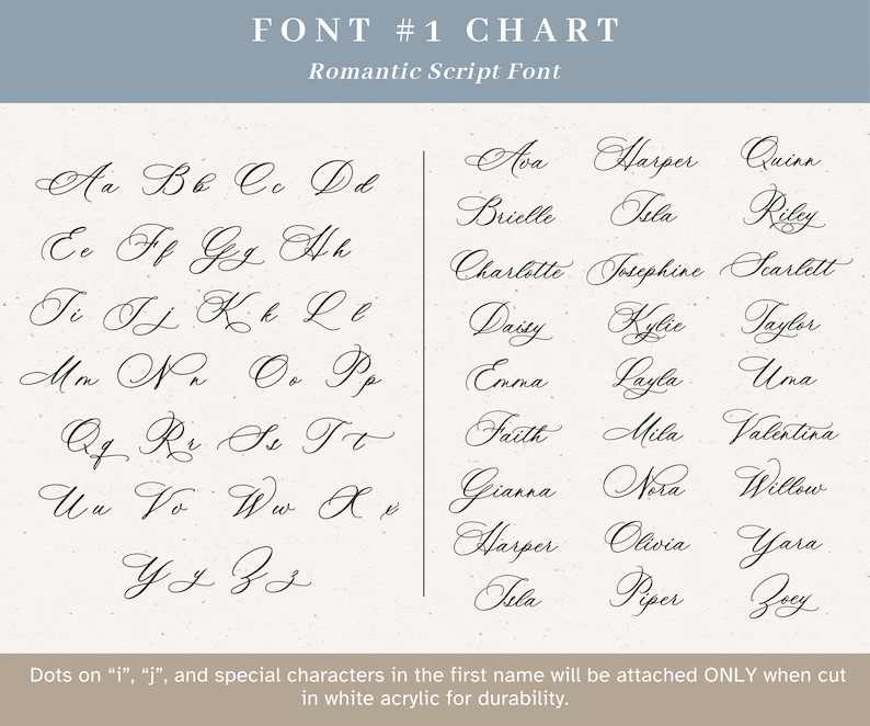 Puede incluir: Una tabla de fuentes titulada FONT #1 CHART Romantic Script Font que muestra el alfabeto completo en may&uacute;sculas y min&uacute;sculas en estilo cursivo, junto a una lista de nombres como Ava, Brielle y Charlotte, con una nota sobre la durabilidad.