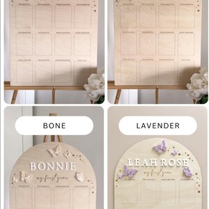 Puede incluir: Cuatro tablas de crecimiento de madera con un tema de mariposa. Cada tabla tiene un fondo de color diferente: nude blush, rosa claro, hueso y lavanda. Las tablas est&aacute;n decoradas con mariposas y estrellas. Las tablas est&aacute;n etiquetadas con los nombres "Ayana", "Evie", "Bonnie" y "Leah Rose". Cada tabla tiene un espacio para una foto para cada mes del primer a&ntilde;o del beb&eacute;.