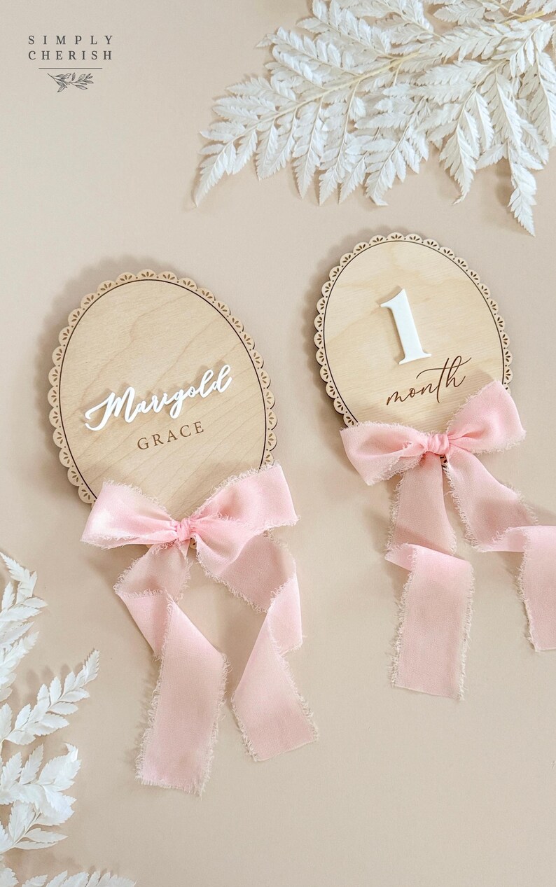 Baby Monthly Milestone Sign With Ribbon Bow, Reversible Month and ...