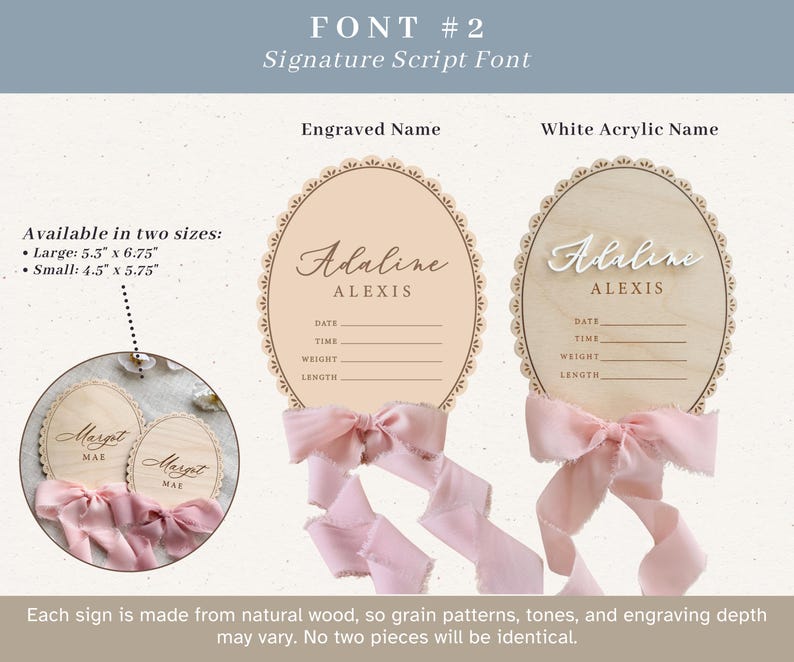Puede incluir: Dos letreros ovalados de madera para nacimiento con bordes festoneados y cintas rosa claro. Uno tiene texto grabado, el otro un nombre en acr&iacute;lico blanco. El texto incluye Adaline Alexis, Date, Time, Weight, Length. Tama&ntilde;os: 13,46 cm x 17,15 cm y 11,43 cm x 14,61 cm.