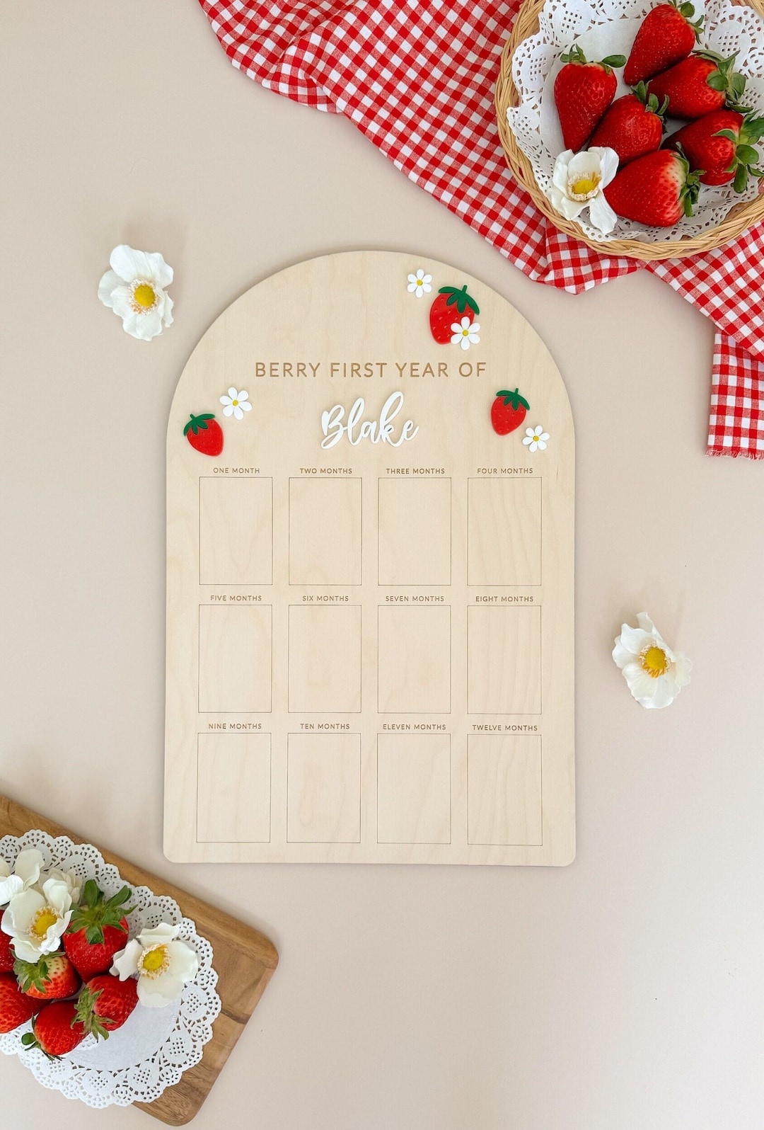 First Year Birthday Board My First Year Baby Girl Berry First Birthday Strawberry Etsy