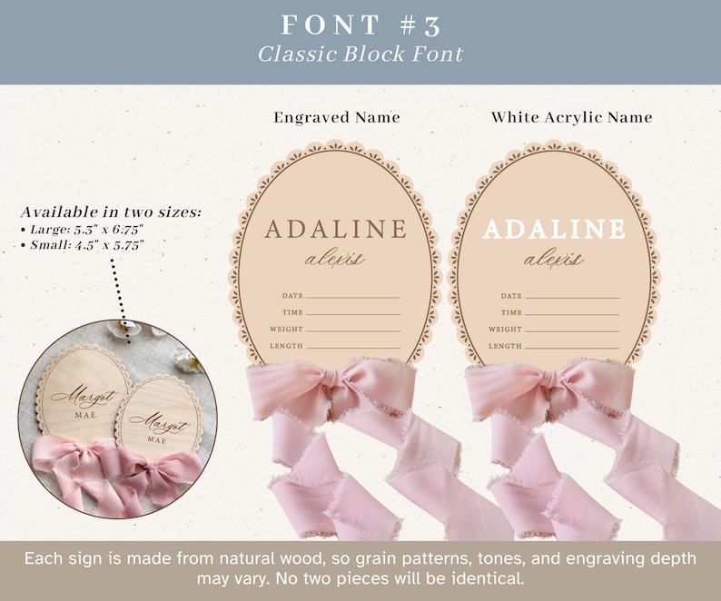 Puede incluir: Dos letreros ovalados de madera para nacimiento con bordes festoneados y cintas rosas. Uno tiene el nombre grabado ADALINE alexis, el otro el nombre en acr&iacute;lico blanco ADALINE alexis. El texto incluye Date, Time, Weight, Length. Medidas: 13,46 cm x 17,15 cm y 11,43 cm x 14,61 cm.