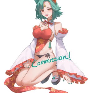 May include: Illustration of a character with green hair and cat ears, wearing a red and white outfit with gold accents. The character is kneeling, with a ribbon and a tail. The word "Commission!" is written in green.